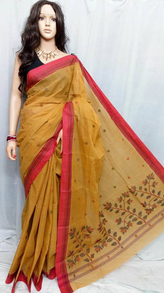 Yellow Pure Cotton Jamdani Sarees - Dailybuyys