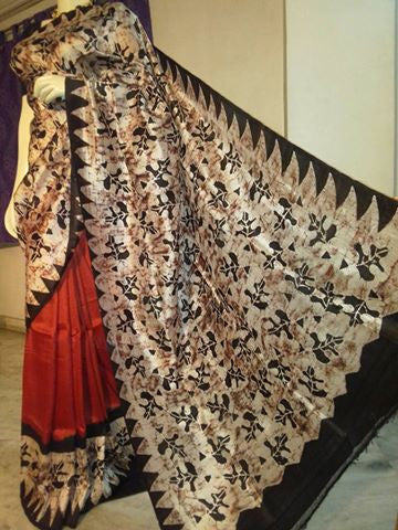 Beige & Red Hand Painted Pure Silk Mark Certified Bishnupuri Silk Sarees