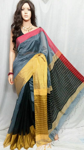 Grey & Black Multi Mahapar Pure Cotton Silk Sarees