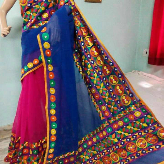Blue & Pink Bangladeshi Pure Cotton Kathiawari Sarees - Dailybuyys