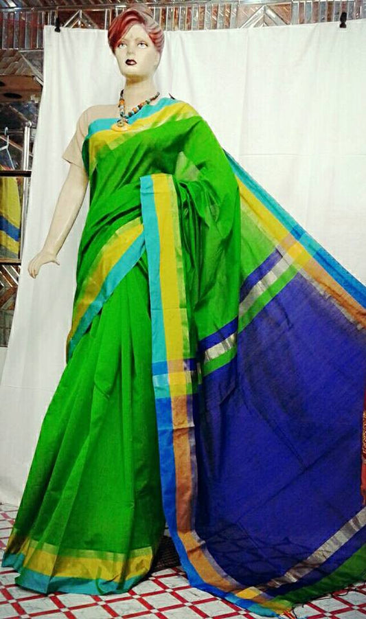 Parrot Green & Blue Pure Cotton Silk Sarees - Dailybuyys