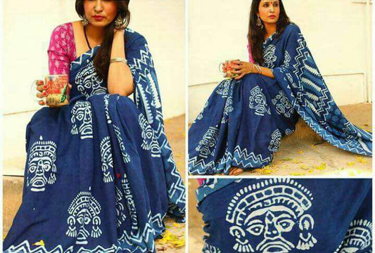 Blue Dabbu Printed Pure Cotton Sarees - Dailybuyys