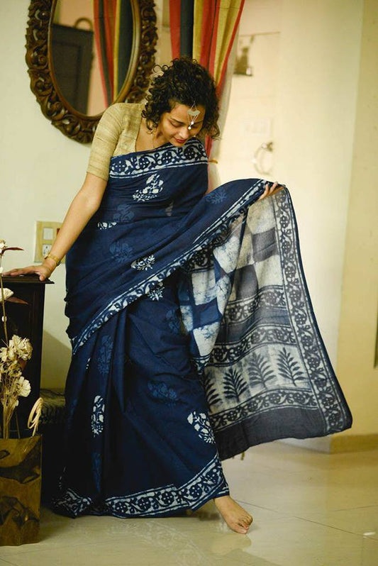 Blue Dabbu Printed Pure Cotton Sarees - Dailybuyys