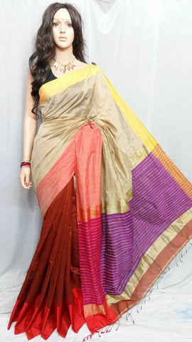 Beige & Red Mahapar Pure Cotton Silk Sarees