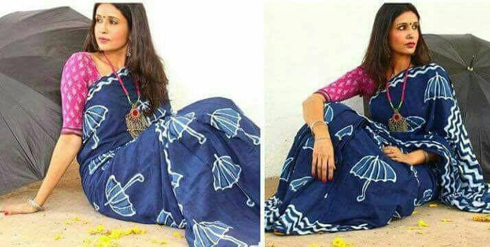 Blue Dabbu Printed Pure Cotton Sarees - Dailybuyys