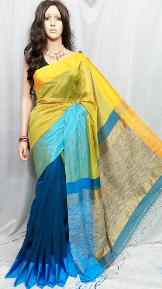 Yellow & Blue, Multi Mahapar Pure Cotton Silk Sarees - Dailybuyys