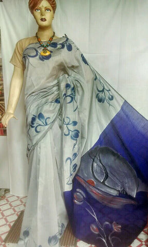 Grey & Blue Handloom Resom Hand Print Collection