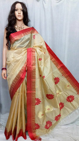 Beige  Zari Border Pure Silk Mark Certified Tussar Silk Sarees