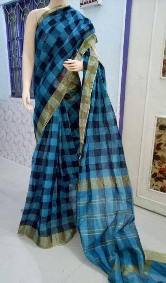 Blue & Black Pure Linen Sarees