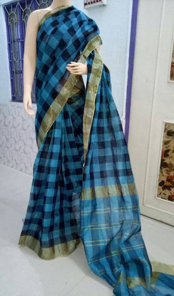 Blue & Black Pure Linen Sarees