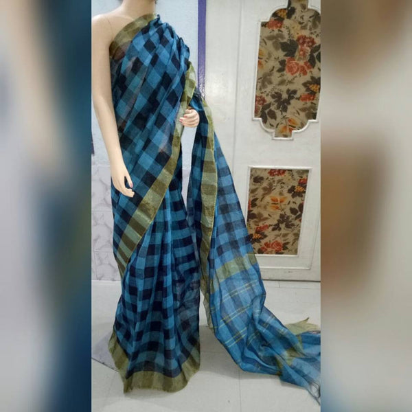 Blue & Black Pure Linen Sarees