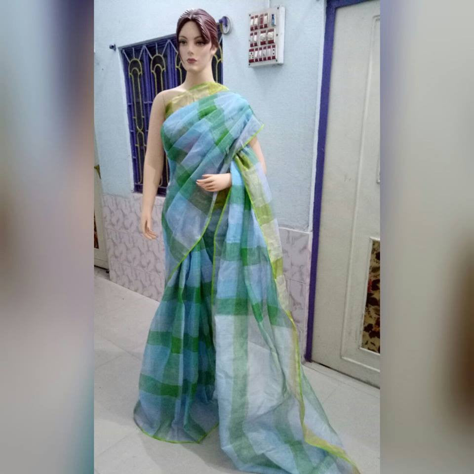 Blue,Green & White Pure Linen Sarees