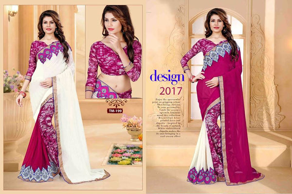 White & Magenta Georgette Sarees