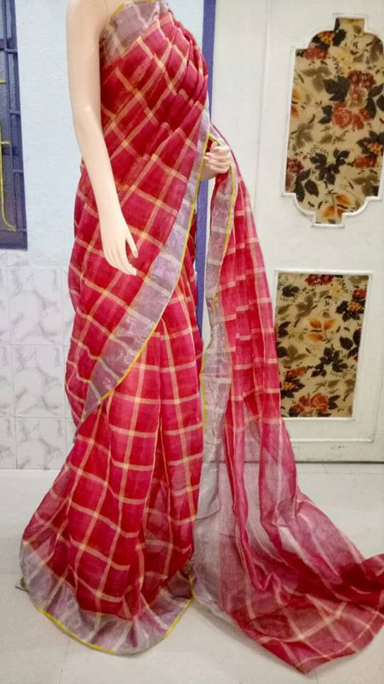 Red Pure Linen Sarees