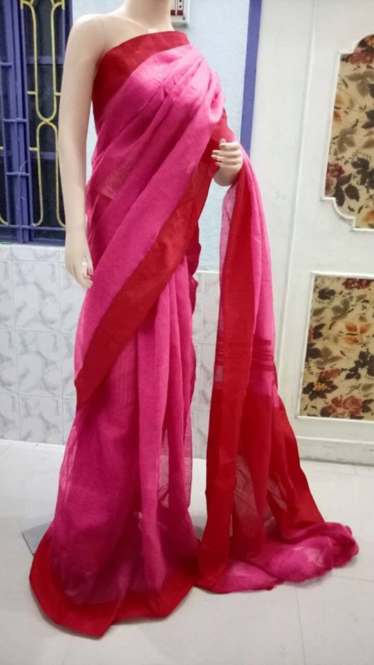 Pink & Red Pure Linen Sarees