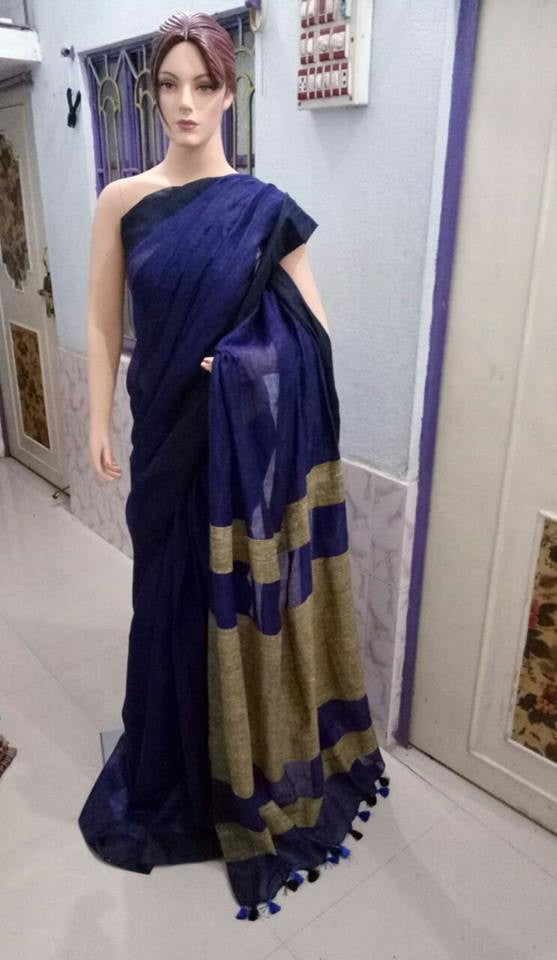 Blue & Beige Pure Linen Sarees