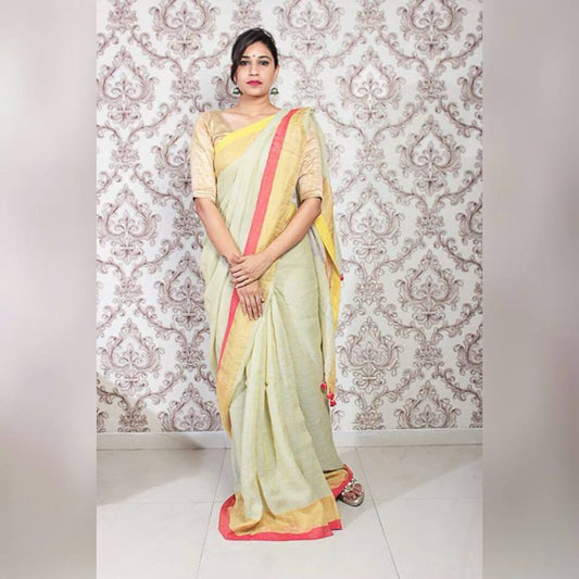 Beige Pure Linen Sarees - Dailybuyys
