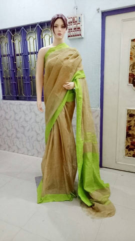 Beige & Green Pure Linen Sarees