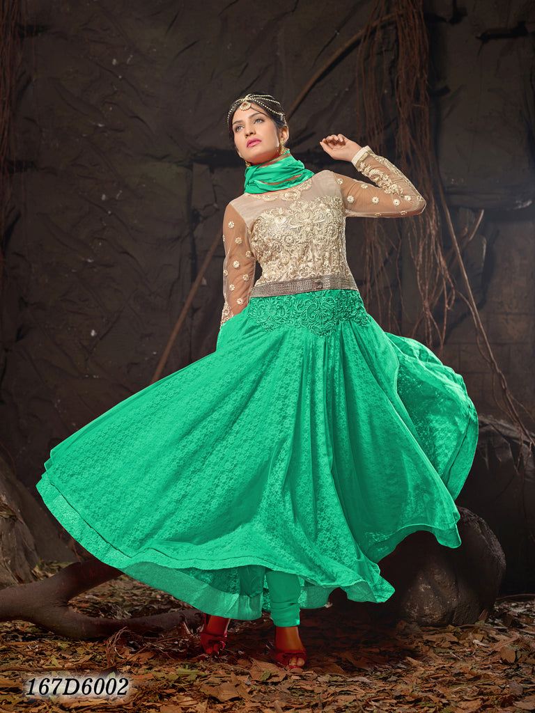 Green Beige Semi-Stitched Rasal Net Santoon Naznin Anarkali Salwar