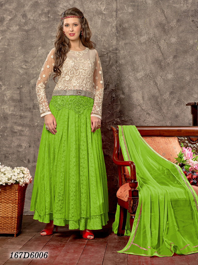 Green Semi-Stitched Rasal Net Santoon Naznin Anarkali Salwar