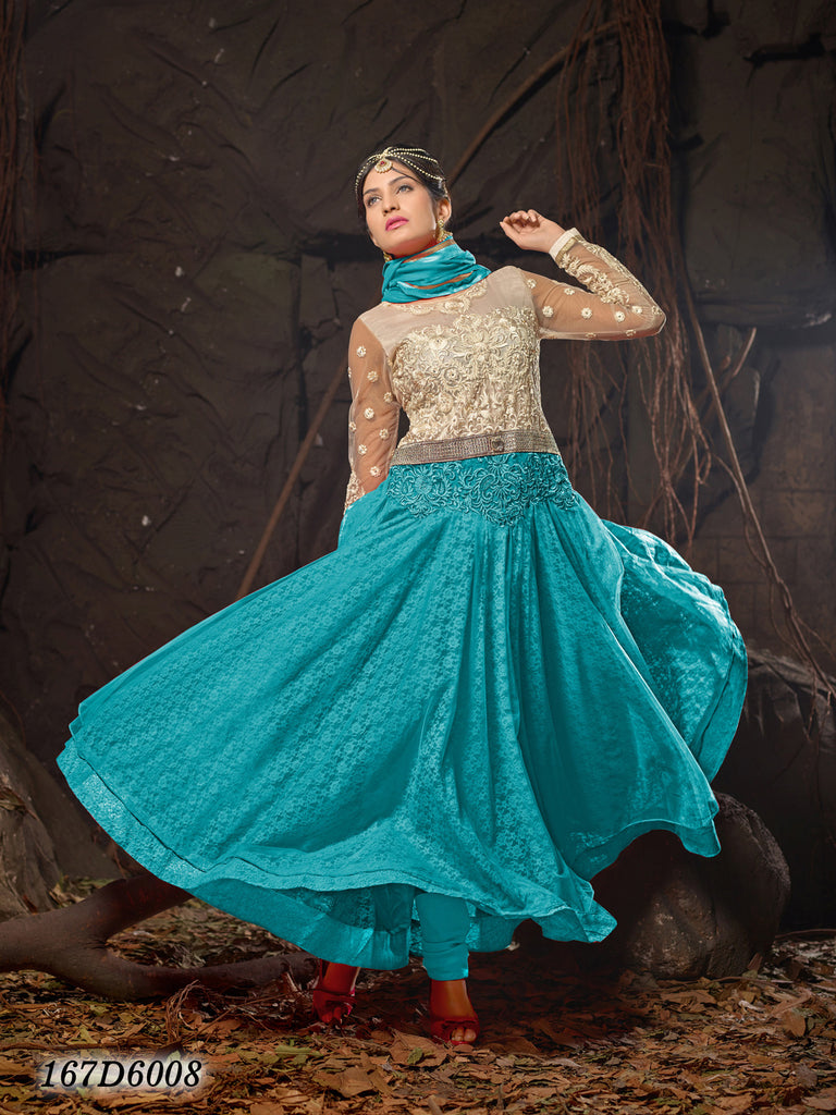 Blue Semi-Stitched Rasal Net Santoon Naznin Anarkali Salwar