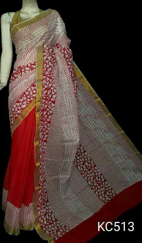 Red & White Kerala Pure Cotton Sarees