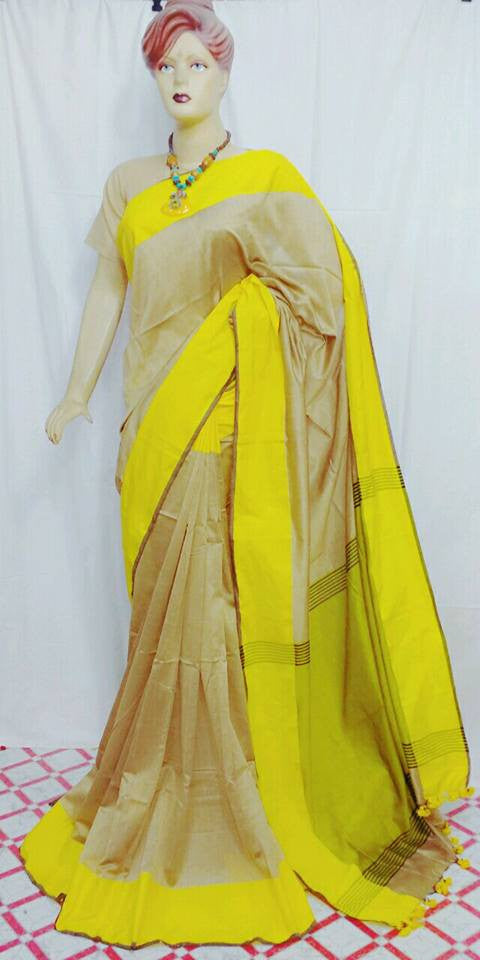 Beige & Yellow Bengal Handloom Khadi Sarees Get Extra 10% Discount on All Prepaid Transaction