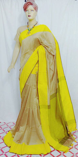 Beige & Yellow Bengal Handloom Khadi Sarees