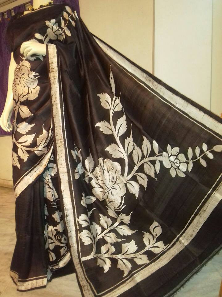 Black Block Printed Pure Silk Mark Certified Bishnupuri Silk Sarees - Dailybuyys
