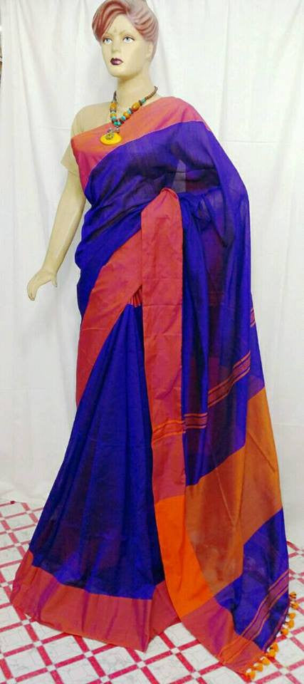 Blue & Orange Bengal Handloom Khadi Sarees