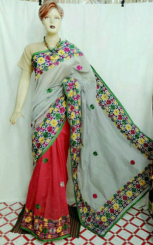 White & Red Kacchi Bangladeshi Pure Cotton Kathiawari Sarees