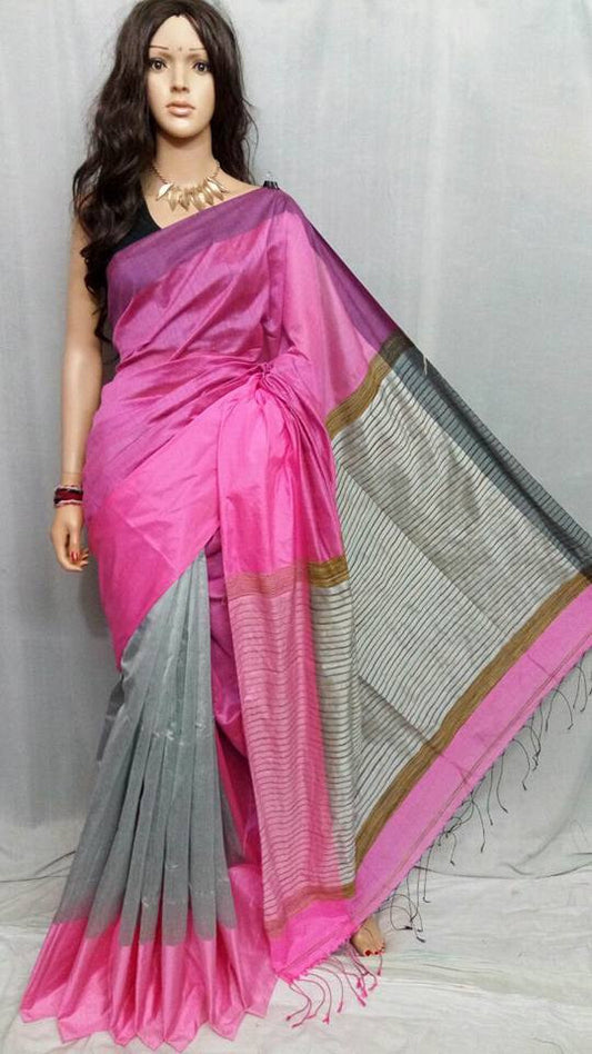 Pink & Grey Mahapar Pure Cotton Silk Sarees - Dailybuyys