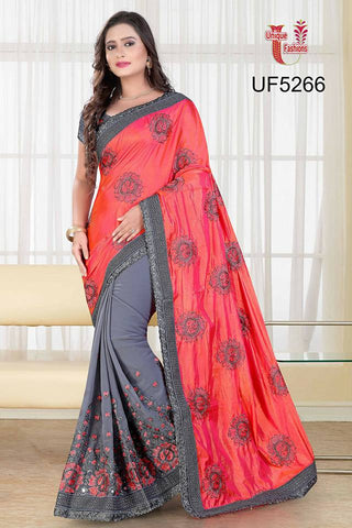 Light Red & Grey Party Wear Sarees