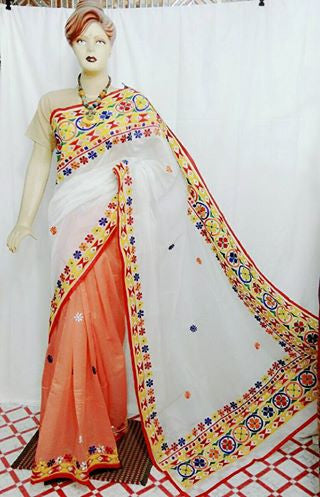White & Peach Kacchi Bangladeshi Pure Cotton Kathiawari Sarees - Dailybuyys