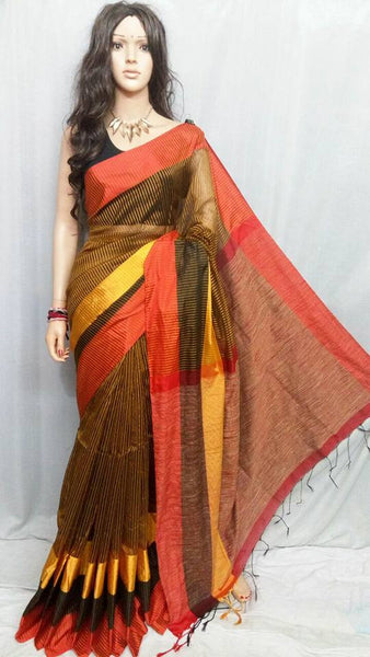 Brown Teen Par Pure Cotton Silk Sarees