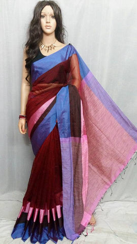 Maroon & Pink Teen Par Pure Cotton Silk Sarees