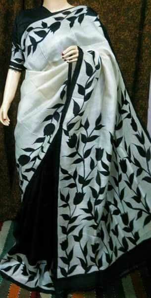 White & Black Hand Painted Pure Silk Mark Certified Bishnupuri Silk Sarees