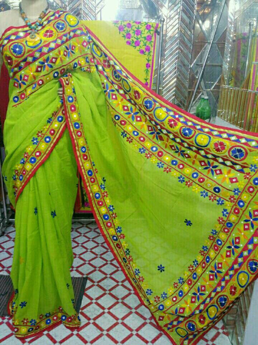 Green Kacchi Bangladeshi Pure Cotton Kathiawari Sarees - Dailybuyys