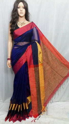 Blue Teen Par Pure Cotton Silk Sarees