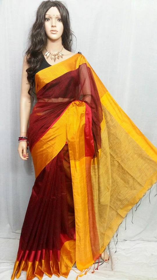 Red & Yellow Teen Par Pure Cotton Silk Sarees - Dailybuyys
