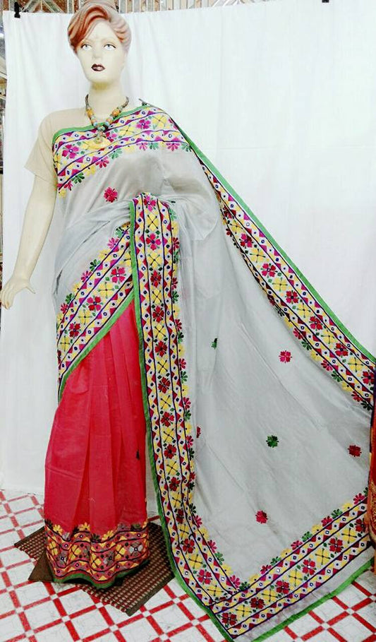 White & Pink Kacchi Bangladeshi Pure Cotton Kathiawari Sarees - Dailybuyys