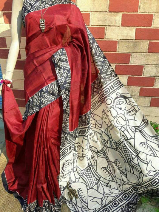 White & Red Block Printed Pure Silk Mark Certified Bishnupuri Silk Sarees - Dailybuyys