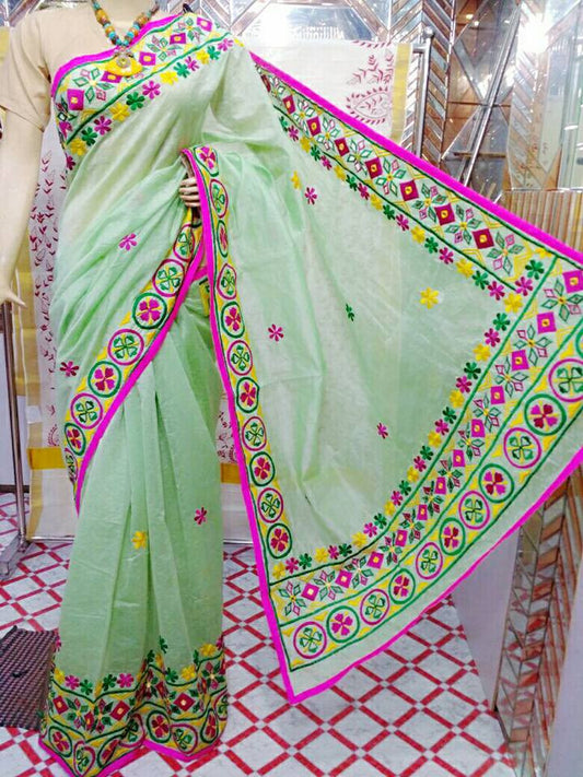 Green Kacchi Bangladeshi Pure Cotton Kathiawari Sarees - Dailybuyys