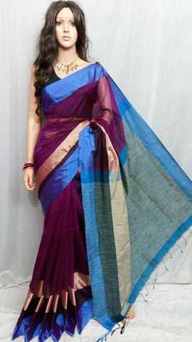 Violet Teen Par Pure Cotton Silk Sarees