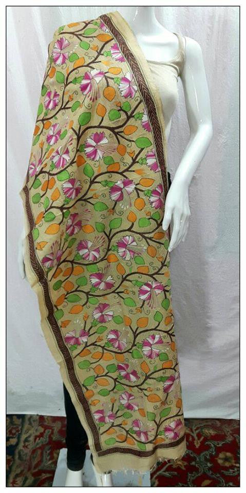 Handpicked Beige & See Green Kantha Stitch Stoles