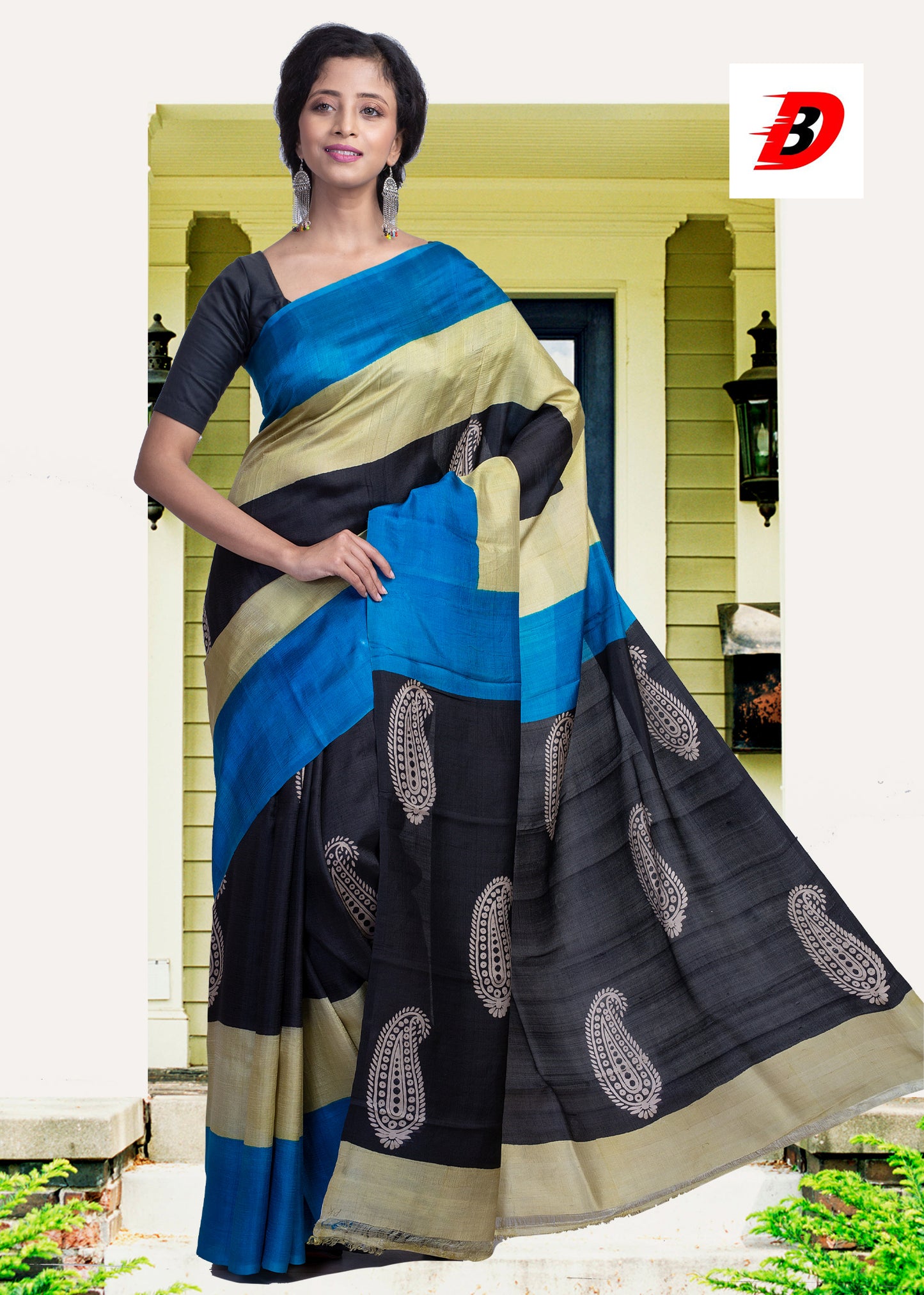 Black Blue Block Printed Pure Silk Mark Certified Bishnupuri Silk Sarees