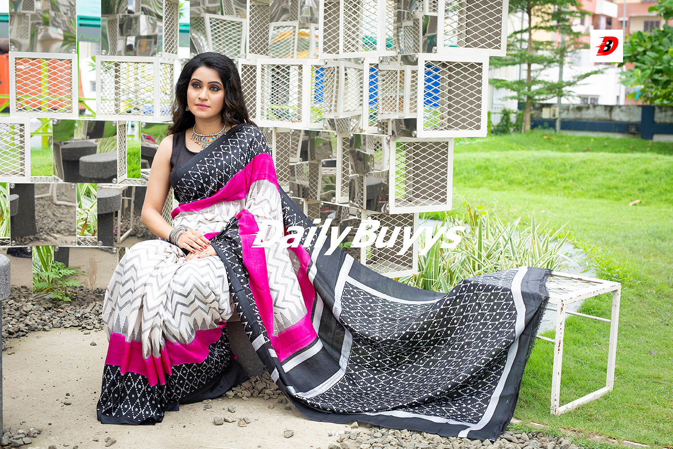 Black Beige Block Printed Pure Silk Mark Certified Bishnupuri Silk Sarees