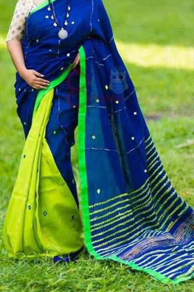 Blue Green Mirror Work Khesh Sarees