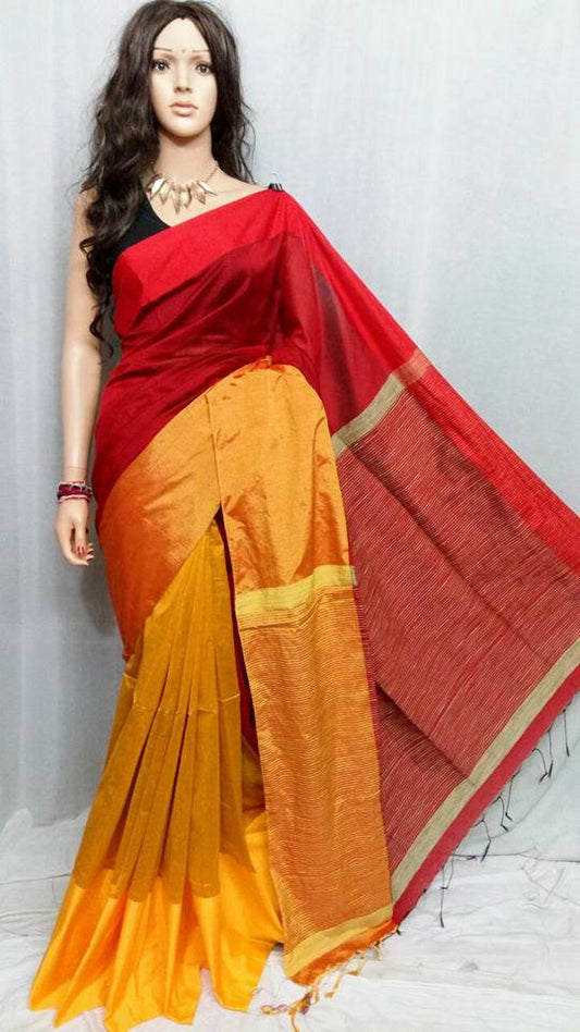 Red & Yellow Mahapar Pure Cotton Silk Sarees - Dailybuyys