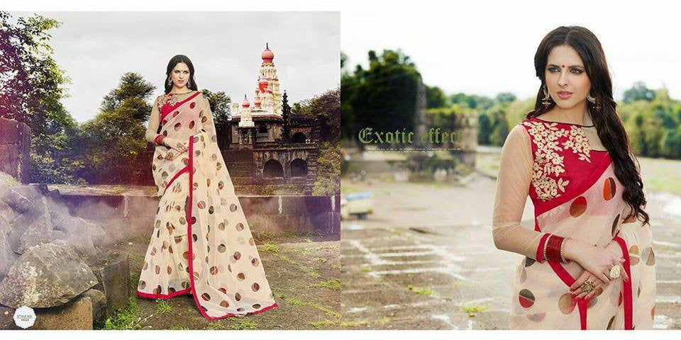 Red Beige Net Sarees Get Extra 10% Discount on All Prepaid Transaction